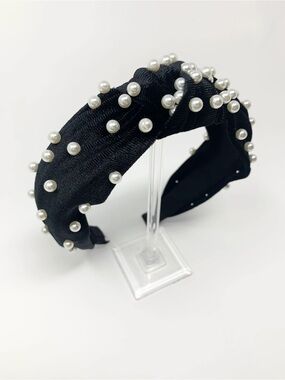 Black Pearl-Studded Knotted Headband